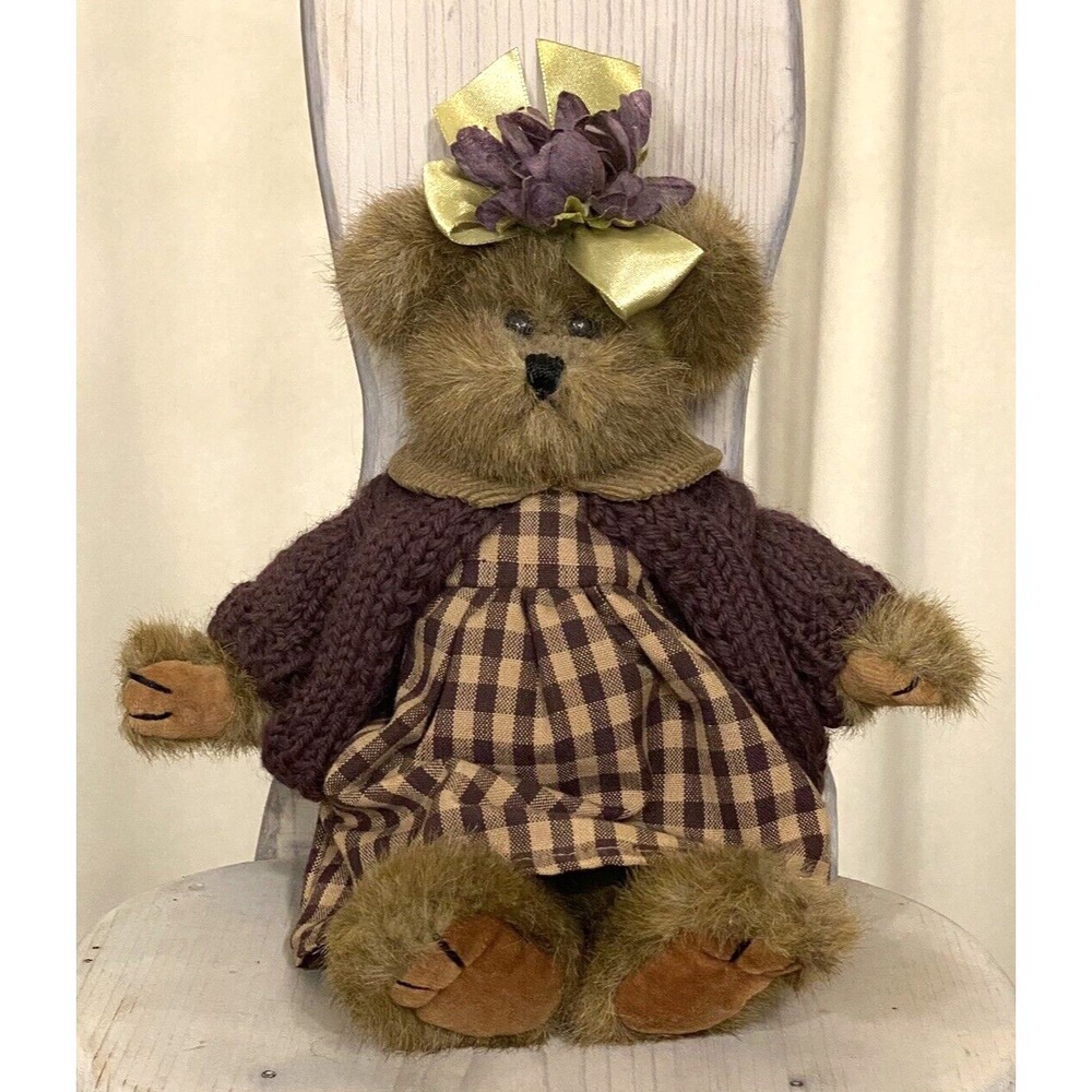 Bearington Collection Teddy Bear Gingham Dress Flower Purple Sweater 11 inch